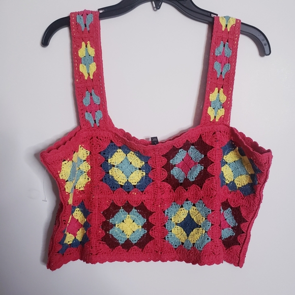 Granny square knit crochet boho hippie crop top flowers XL festival coachella - Picture 5 of 8